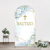 Lofaris Blue Floral Gold Cross Bautizo Baptism Arch Backdrop